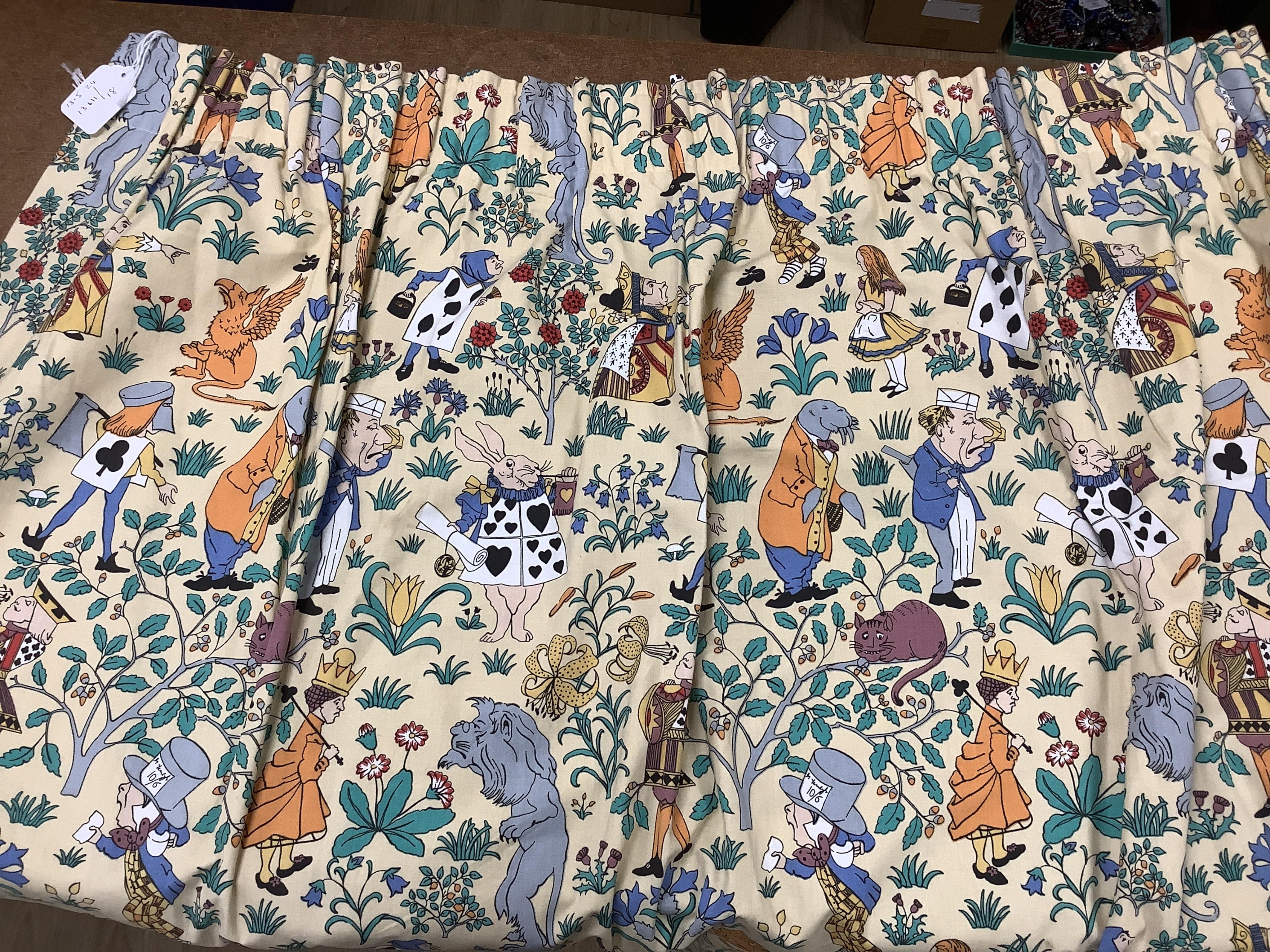 A late 1980’s vintage curtain of Alice in Wonderland, design originally by C. F. A. Voysey; selvage printed; The Habitat V&A collection, 130cm wide at the bottom, 130cm long